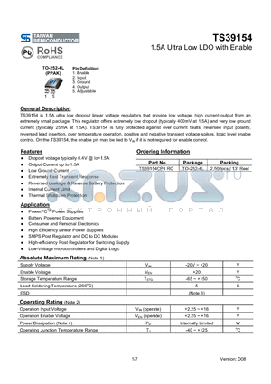 TS39154CP4RO datasheet - 1.5A Ultra Low LDO with Enable