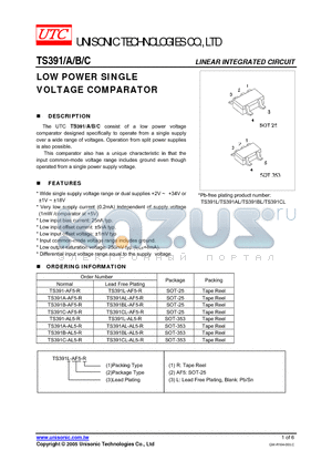 TS391A-AF5-R datasheet - LOW POWER SINGLE VOLTAGE COMPARATOR