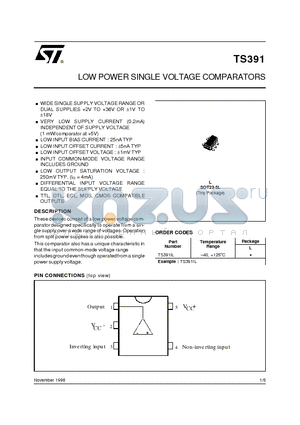 TS391IL datasheet - LOWPOWER SINGLE VOLTAGE COMPARATORS