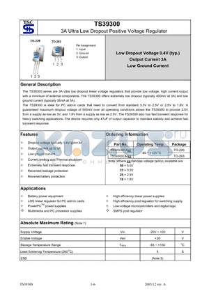 TS39300 datasheet - 3A Ultra Low Dropout Positive Voltage Regulator