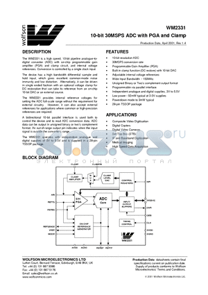WM2331CDT/V datasheet - 10-bit 30MSPS ADC with PGA and Clamp