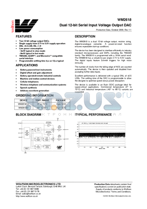 WM2618 datasheet - Dual 12-Bit Serial Input Voltage Output DAC