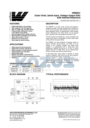 WM2631 datasheet - Octal 10-bit, Serial Input, Voltage Output DAC with Internal Reference