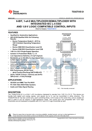 TS3A27518EIRTWRQ1 datasheet - 6-BIT, 1-of-2 MULTIPLEXER/DEMULTIPLEXER WITH INTEGRATED IEC L-4 ESD AND 1.8-V LOGIC COMPATIBLE CONTROL INPUTS