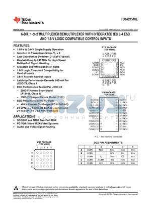 TS3A27518E datasheet - 6-BIT, 1-of-2 MULTIPLEXER/DEMULTIPLEXER WITH INTEGRATED IEC L-4 ESD AND 1.8-V LOGIC COMPATIBLE CONTROL INPUTS