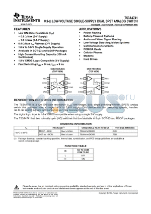 TS3A4741DCNR datasheet - 0.9-OHM LOW-VOLTAGE SINGLE-SUPPLY DUAL SPST ANALOG SWITCH