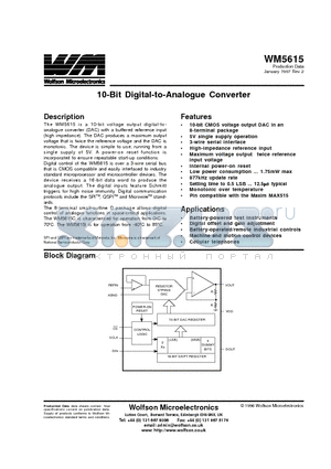 WM5615 datasheet - 10-Bit Digital-to-Analogue Converter