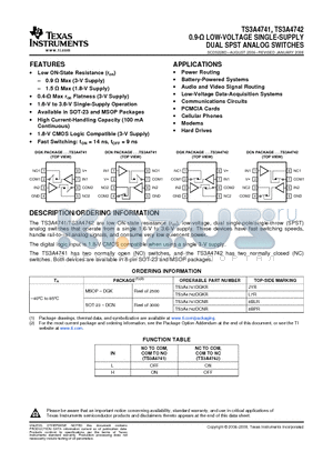 TS3A4742DGKR datasheet - 0.9-Y LOW-VOLTAGE SINGLE-SUPPLY DUAL SPST ANALOG SWITCHES