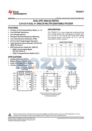 TS3A5017DBQR datasheet - DUAL SP4T ANALOG SWITCH 3.3-V/2.5-V DUAL 4:1 ANALOG MULTIPLEXER/DEMULTIPLEXER