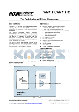 WM7121 datasheet - Top Port Analogue Silicon Microphone