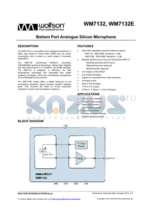 WM7132 datasheet - Bottom Port Analogue Silicon Microphone