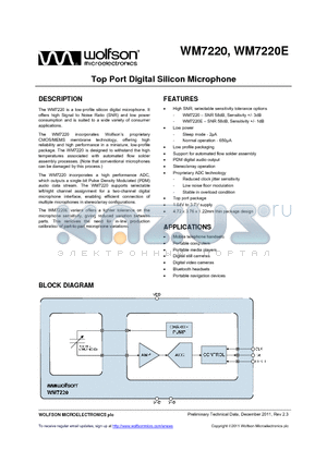 WM7220 datasheet - Top Port Digital Silicon Microphone