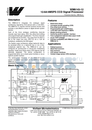 WM8143-12 datasheet - 12-bit/4MSPS CCD Signal Processor