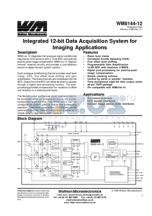 WM8144-12 datasheet - Integrated 12-bit Data Acquisition System for Imaging Applications