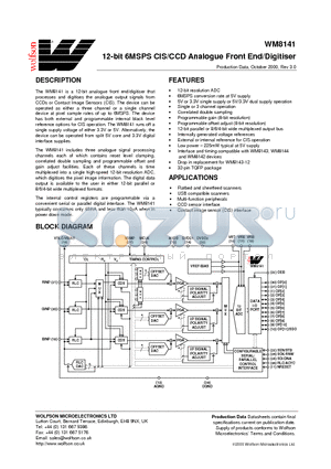 WM8141 datasheet - 12-bit 6MSPS CIS/CCD Analogue Front End/Digitiser