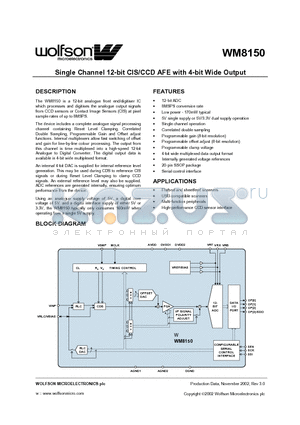 WM8150 datasheet - SINGLE CHANNEL 12 BIT CIS/CCD AFE WITH 4 BIT WIDE OUTPUT