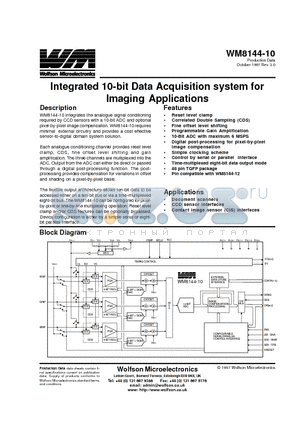 WM8144-10CFT/V datasheet - Integrated 10-bit Data Acquisition system for Imaging Applications