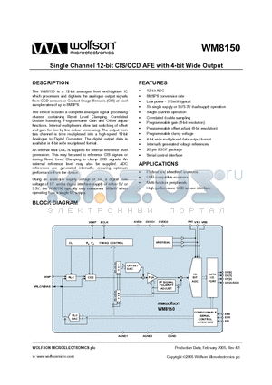 WM8150SCDS datasheet - Single Channel 12-bit CIS/CCD AFE with 4-bit Wide Output