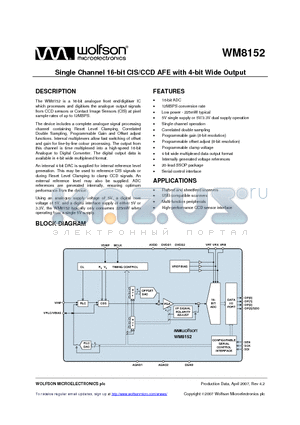 WM8152SCDS datasheet - Single Channel 16-bit CIS/CCD AFE with 4-bit Wide Output