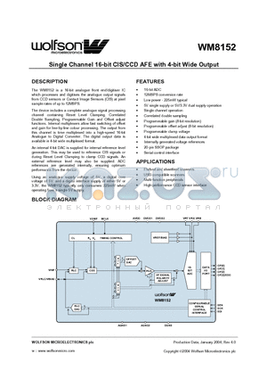 WM8152 datasheet - Single Channel 16-bit CIS/CCD AFE with 4-bit Wide Output