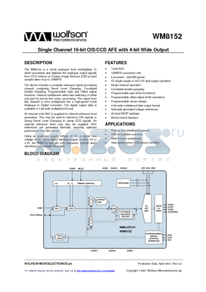 WM8152SCDS/R datasheet - Single Channel 16-bit CIS/CCD AFE with 4-bit Wide Output