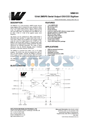 WM8181 datasheet - 12-bit 2MSPS Serial Output CIS/CCD Digitiser