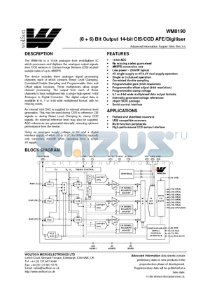 WM8190 datasheet - (86) Bit Output 14-bit CIS/CCD AFE/Digitiser