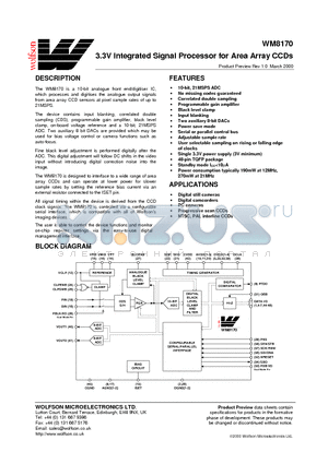 WM8170 datasheet - 3.3V Integrated Signal Processor for Area Array CCDs