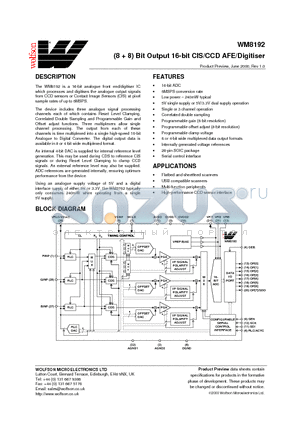 WM8192 datasheet - (88) Bit Output 16-bit CIS/CCD AFE/Digitiser