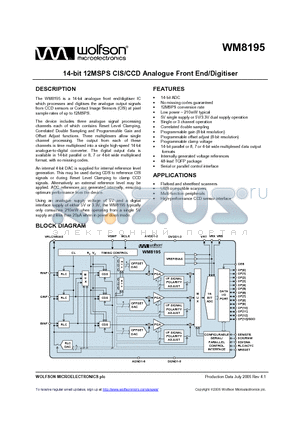 WM8195_05 datasheet - 14-bit 12MSPS CIS/CCD Analogue Front End/Digitiser