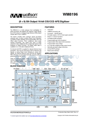 WM8196 datasheet - (8  8) Bit Output 16-bit CIS/CCD AFE/Digitiser