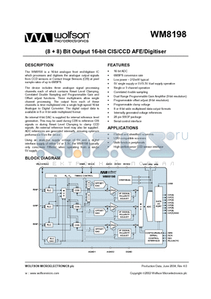 WM8198 datasheet - (8  8 ) BIT OUTPUT 16 BIT CIS/CCD AFE/DIGITISER