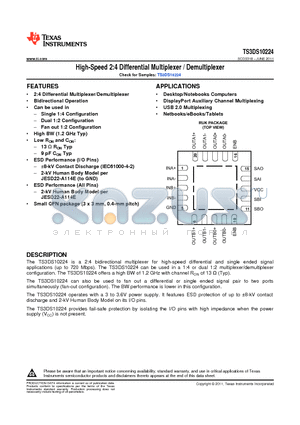 TS3DS10224RUKR datasheet - High-Speed 2:4 Differential Multiplexer / Demultiplexer