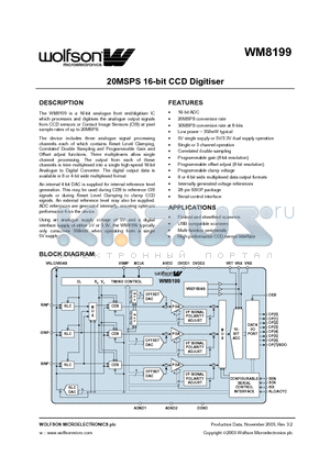 WM8199CDR datasheet - 20MSPS 16-bit CCD Digitiser