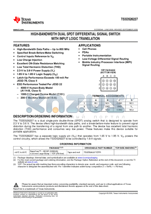 TS3DS26227YZPR datasheet - HIGH-BANDWIDTH DUAL SPDT DIFFERENTIAL SIGNAL SWITCH WITH INPUT LOGIC TRANSLATION