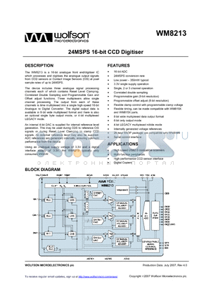 WM8213 datasheet - 24MSPS 16-bit CCD Digitiser