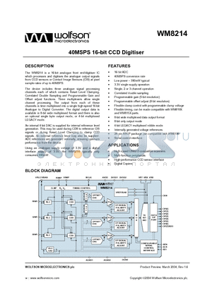 WM8214SCDR datasheet - 40MSPS 16 BIT CCD DIGITISER