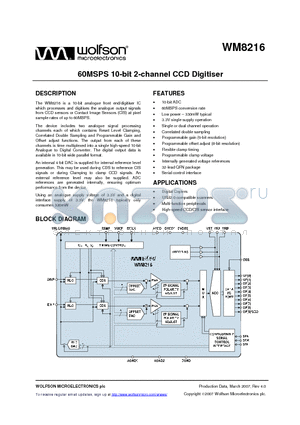 WM8216SEFL datasheet - 60MSPS 10-bit 2-channel CCD Digitiser