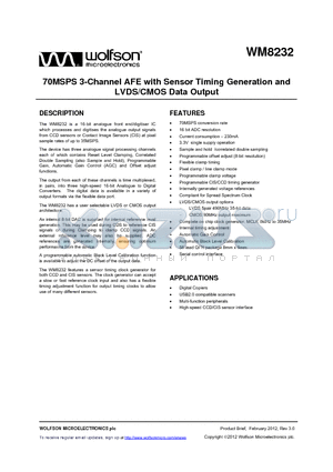 WM8232GEFL/RV datasheet - 70MSPS 3-Channel AFE with Sensor Timing Generation and LVDS/CMOS Data Output