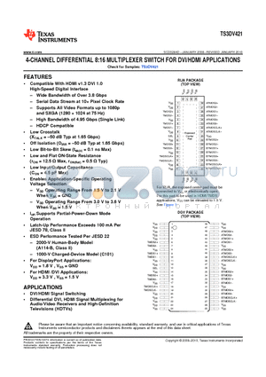 TS3DV421DGVR datasheet - 4-CHANNEL DIFFERENTIAL 8:16 MULTIPLEXER SWITCH FOR DVI/HDMI APPLICATIONS