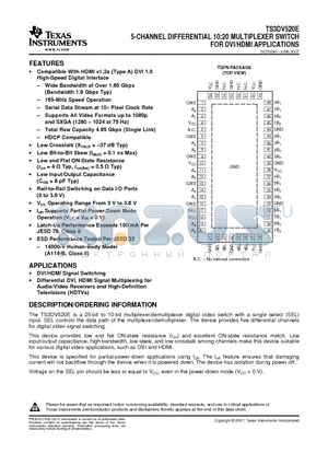 TS3DV520E datasheet - 5-CHANNEL DIFFERENTIAL 10:20 MULTIPLEXER SWITCH FOR DVI/HDMI APPLICATIONS