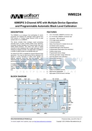 WM8224 datasheet - 60MSPS 3-Channel AFE with Multiple Device Operation and Programmable Automatic Black Level Calibration