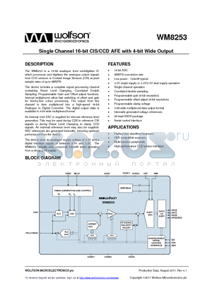 WM8253 datasheet - Single Channel 16-bit CIS/CCD AFE with 4-bit Wide Output