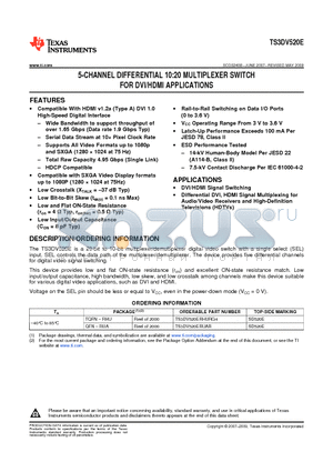 TS3DV520ERUAR datasheet - 5-CHANNEL DIFFERENTIAL 10:20 MULTIPLEXER SWITCH FOR DVI/HDMI APPLICATIONS