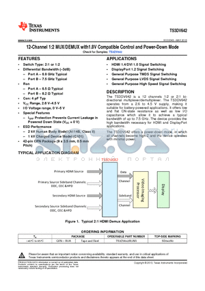 TS3DV642 datasheet - 12-Channel 1:2 MUX/DEMUX with1.8V Compatible Control and Power-Down Mode