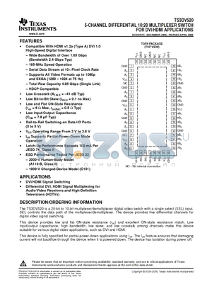 TS3DV520ERHUR datasheet - 5-CHANNEL DIFFERENTIAL 10:20 MULTIPLEXER SWITCH FOR DVI/HDMI APPLICATIONS