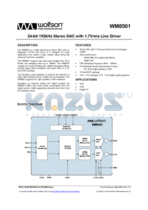 WM8501GERV datasheet - 24-bit 192kHz Stereo DAC with 1.7Vrms Line Driver