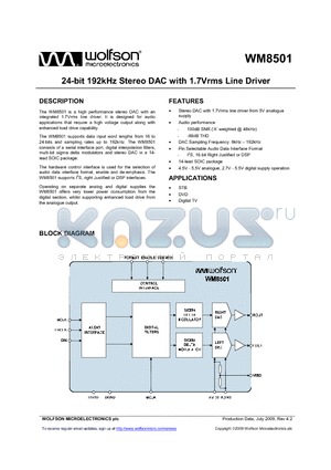 WM8501_09 datasheet - 24-bit 192kHz Stereo DAC with 1.7Vrms Line Driver