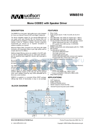 WM8510GEDS datasheet - MONO CODEC WITH SPEAKER DRIVER