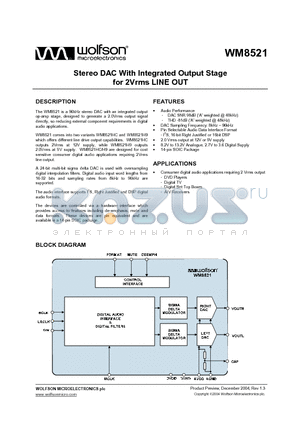 WM8521H9ED/RV datasheet - STEREO DAC WITH INTEGRATED OUTPUT STAGE FOR 2VRMS LINE OUT